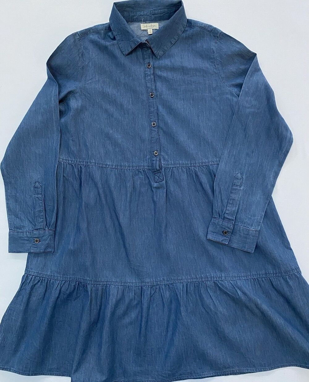Linda Anderson Blue Denim Button Up Dress S Casual Tiered Skirt 100% Cotton